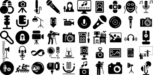Massive Collection Of Studio Icons Collection Solid Design Signs Cinema, Studio, Vector, Spotlight Silhouette Isolated On White Background