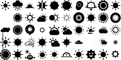 Huge Set Of Sunny Icons Bundle Hand-Drawn Black Vector Clip Art Cloudy, Overcast, Sunny, Illustration Signs Isolated On Transparent Background