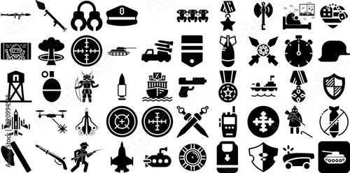 Big Collection Of War Icons Bundle Linear Simple Signs Silhouette, Tool, Footed, Badge Doodles Isolated On White