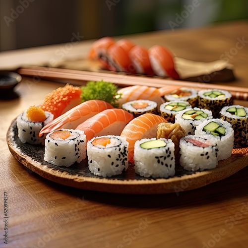 A plate of appetizing Japanese gourmet sushi( Sushi) placed on a table in a restaurant