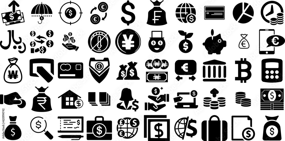 Big Collection Of Money Icons Bundle Hand-Drawn Solid Drawing Pictograms Goodie, Finance, Silhouette, Coin Symbol Vector Illustration