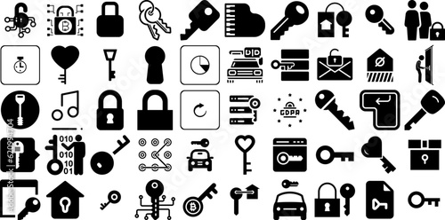 Big Set Of Key Icons Bundle Hand-Drawn Solid Simple Symbol Icon, Tool, Symbol, Wheel Symbols Vector Illustration