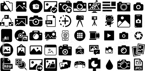Mega Set Of Photo Icons Collection Hand-Drawn Linear Infographic Elements Ok, Icon, Holiday Maker, Silhouette Pictograph For Computer And Mobile