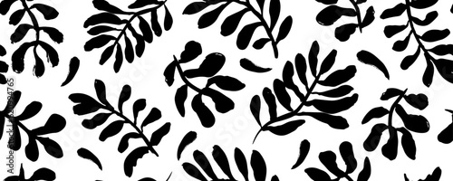 Leaves and branches vector seamless pattern. Black brush leaves and twigs. Vector foliage silhouettes. Black ink texture with foliage. Hand drawn eucalyptus, laurel twig. Abstract plant motif