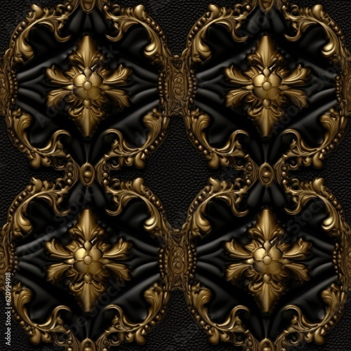 Seamless of black leather texture adorned with gold decorative, generative AI