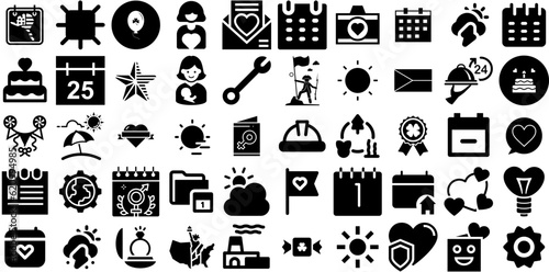 Huge Collection Of Day Icons Collection Linear Cartoon Glyphs Nubes, Trowel, Icon, Symbol Silhouette Isolated On White Background