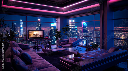 Interior of modern living room with night city view. 3D rendering. Futuristic style neon lit apartment at night with skyscrapers outside. Futuristic design of a home with a beautiful night city view.