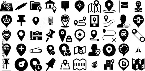 Massive Collection Of Pin Icons Bundle Black Drawing Silhouettes Circus, Symbol, Icon, Pointer Silhouettes Isolated On White Background