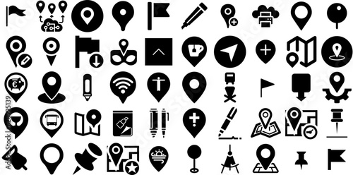 Huge Set Of Marker Icons Pack Black Cartoon Symbols Icon, Mark, Pointer, Cosmetic Silhouette Isolated On White Background