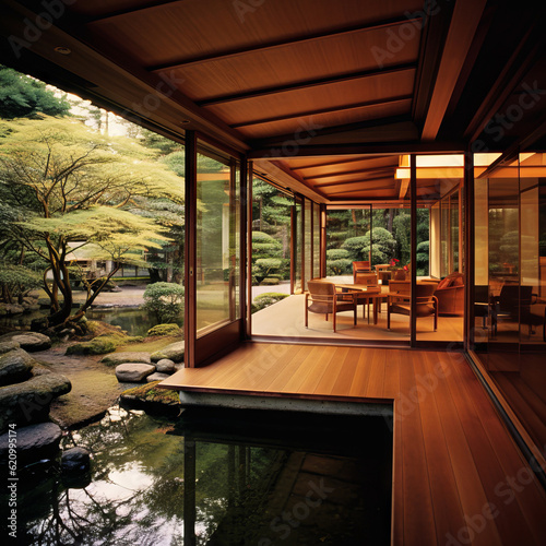 Traditional Japanese house with garden, wooden furniture and pond in old Japan style. Interior of modern living room with wooden walls, wooden floor and terrace. 