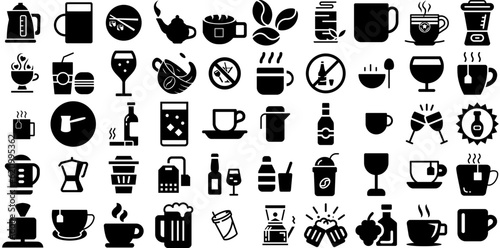 Mega Set Of Drink Icons Pack Hand-Drawn Black Simple Signs Milk, Sweet, Set, Infographic Elements Vector Illustration