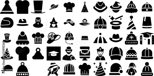 Massive Set Of Hat Icons Collection Black Vector Web Icon Contractor, Birthday, Toque, Icon Logotype Isolated On White Background