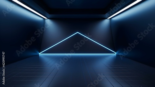 Empty geometrical Room in Medium Blue Colors with beautiful Lighting. Futuristic Background for Product Presentation.