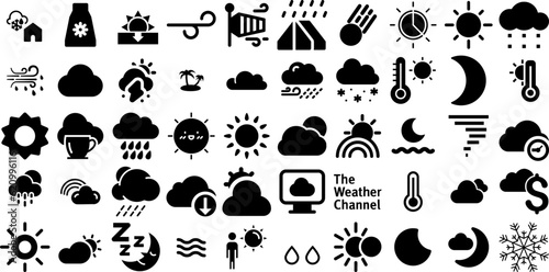 Huge Set Of Weather Icons Collection Black Modern Silhouette Forecast, Icon, Weather Forecast, Symbol Pictograms Isolated On Transparent Background