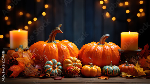 Autumn Decoration Background with Candles, Pumpkins, Leafs and Nuts. Generative Ai