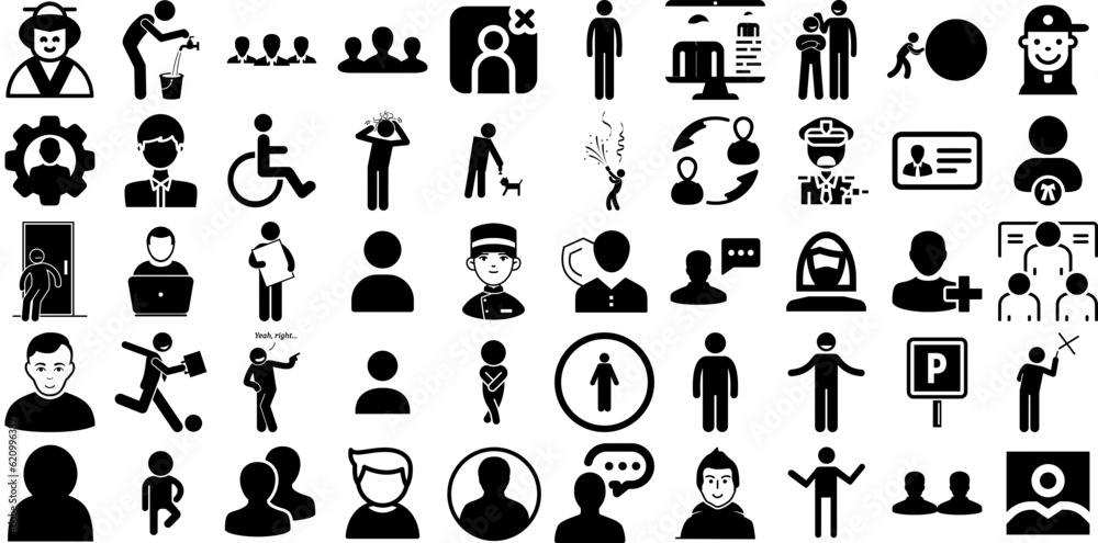 Big Collection Of Person Icons Pack Hand-Drawn Black Simple Symbol Silhouette, Health, Sweet, Profile Clip Art Isolated On White Background