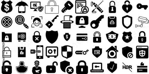 Huge Set Of Security Icons Bundle Flat Drawing Pictogram Person, Set, Mark, Tool Doodles Isolated On White photo