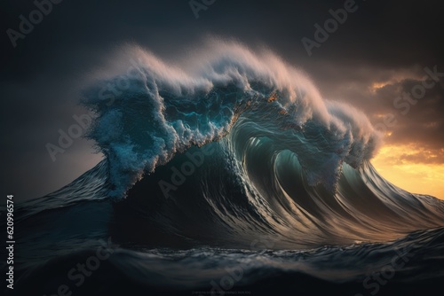 A large evening blue wave with a crest and splash