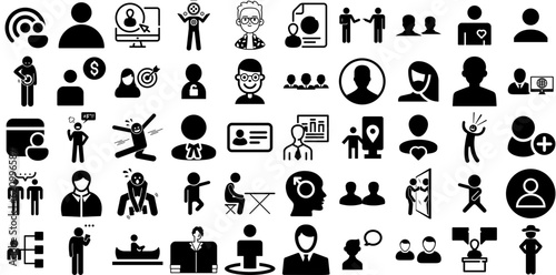 Huge Set Of Person Icons Set Black Cartoon Clip Art Sweet, Profile, Silhouette, Health Buttons Isolated On White photo