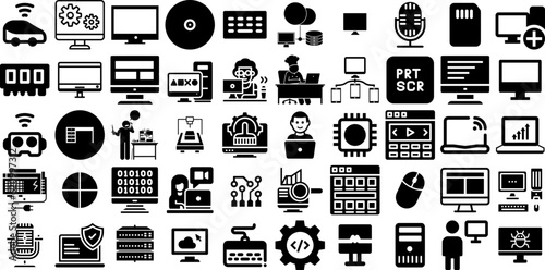 Mega Set Of Computer Icons Bundle Hand-Drawn Isolated Modern Glyphs Silhouette, Pointer, Set, Shopping Element For Computer And Mobile