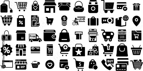 Mega Collection Of Shopping Icons Set Isolated Design Silhouettes Mark, Shopping Centre, Purchase, Goodie Clip Art Vector Illustration