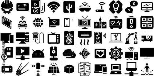 Big Set Of Technology Icons Collection Hand-Drawn Solid Simple Silhouettes Coin  Printing  Illumination  Tool Symbol For Apps And Websites