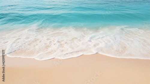 Soft wave of the sea on the sandy beach. Tourism travel concept. Summer background concept. Concept of copy space for text or product mockup.