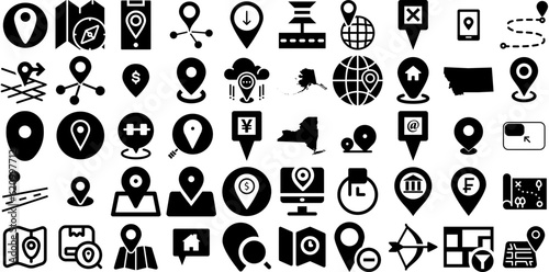 Mega Set Of Location Icons Bundle Solid Infographic Symbol Navigator, Geolocation, Orientation, Pointer Buttons Isolated On White Background