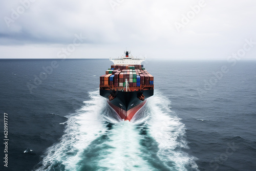 A loaded container cargo ship at ocean. Front view. Generative AI.