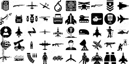 Big Set Of Army Icons Set Black Cartoon Symbol Badge, Earth, Symbol, Icon Silhouette Isolated On White Background photo