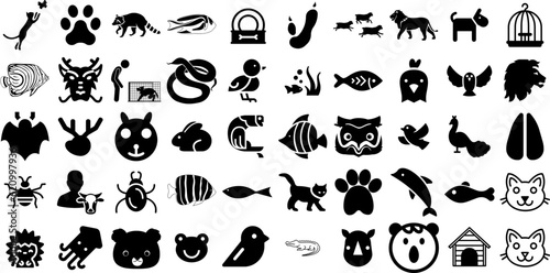 Huge Set Of Animal Icons Bundle Solid Simple Symbols Sweet  Tail  Mark  Silhouette Doodles Isolated On Transparent Background