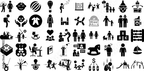 Huge Set Of Children Icons Pack Isolated Design Glyphs People, Silhouette, Set, Person Elements Isolated On White Background