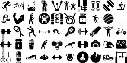 Massive Set Of Fitness Icons Bundle Hand-Drawn Linear Cartoon Signs Bicep, Silhouette, Health, Icon Illustration For Apps And Websites
