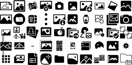 Big Set Of Gallery Icons Bundle Flat Drawing Symbol Gallery, Album, Symbol, Icon Pictograms Isolated On White Background