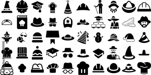 Mega Set Of Hat Icons Pack Hand-Drawn Isolated Modern Clip Art Birthday, Toque, Icon, Contractor Glyphs Isolated On Transparent Background