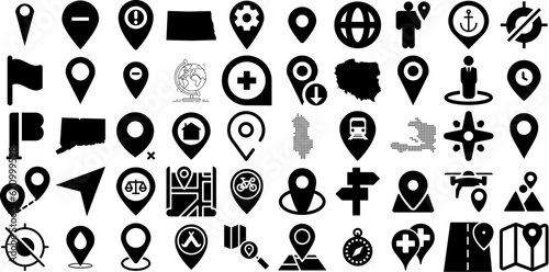Big Collection Of Location Icons Set Hand-Drawn Isolated Simple Symbols Orientation, Navigator, Geolocation, Pointer Pictograph For Computer And Mobile photo