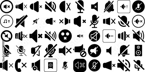 Big Set Of Mute Icons Bundle Linear Infographic Glyphs Player, Icon, Silence, Loudspeaker Illustration For Computer And Mobile