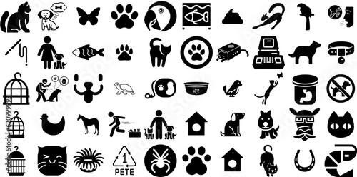Mega Set Of Pet Icons Collection Hand-Drawn Isolated Simple Elements Fauna, Symbol, Doggy, Icon Silhouette Isolated On White Background