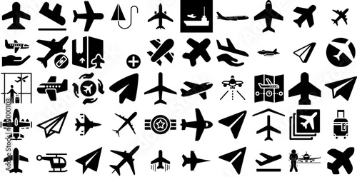 Huge Set Of Plane Icons Bundle Hand-Drawn Black Modern Glyphs Mark  Saw  Icon  Flight Doodles Vector Illustration