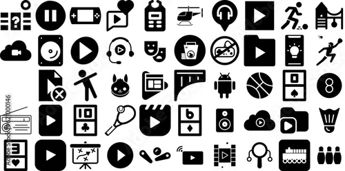 Massive Set Of Play Icons Pack Black Simple Clip Art Symbol, Initiate, Apple, Icon Logotype Vector Illustration