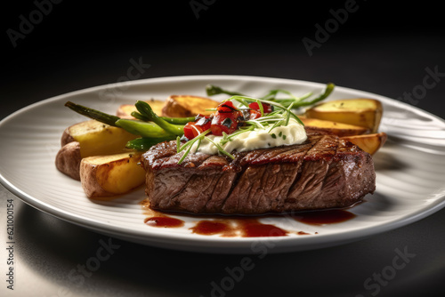 Plating design of grilled beef steak and rustic potato wedges with vegetable salad served on a plate