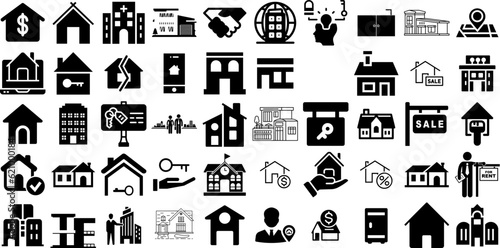 Huge Set Of Property Icons Set Hand-Drawn Black Concept Pictogram Baggage, Condo, Icon, Sweet Buttons Vector Illustration