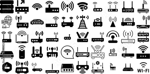 Mega Collection Of Router Icons Bundle Hand-Drawn Isolated Concept Elements Modem, Usb, Network, Antennae Graphic Isolated On White