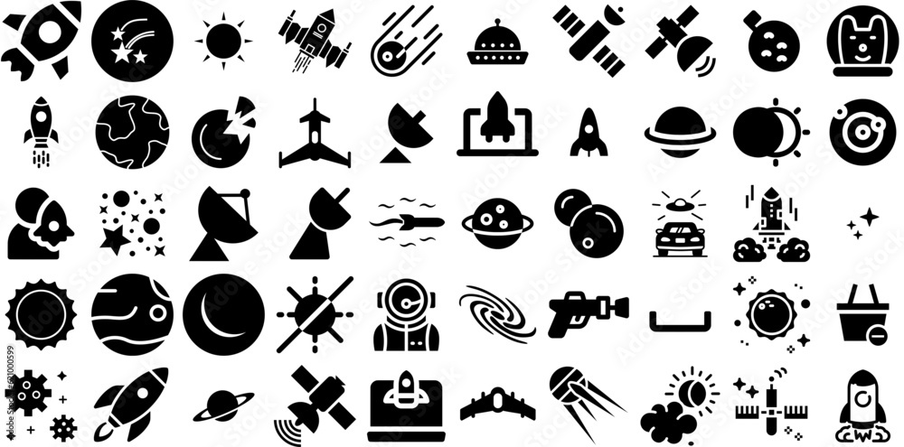 Mega Collection Of Space Icons Set Black Drawing Clip Art Plan ...