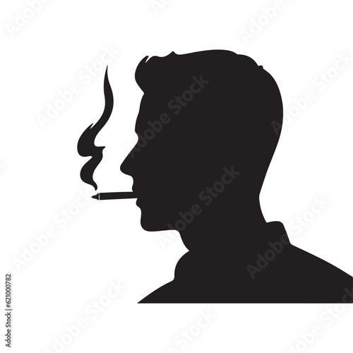 Smoker silhouette. Smoking cigarette smoke. Hand holding cigarette.