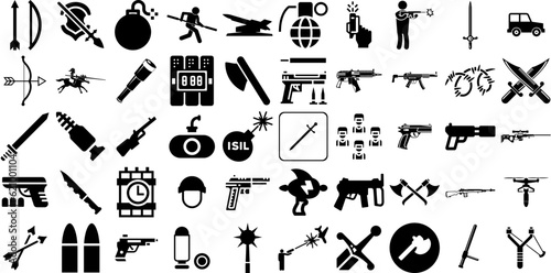 Massive Set Of Weapon Icons Set Isolated Vector Symbols Icon, Tool, Marketing, Sword Glyphs Isolated On White Background photo
