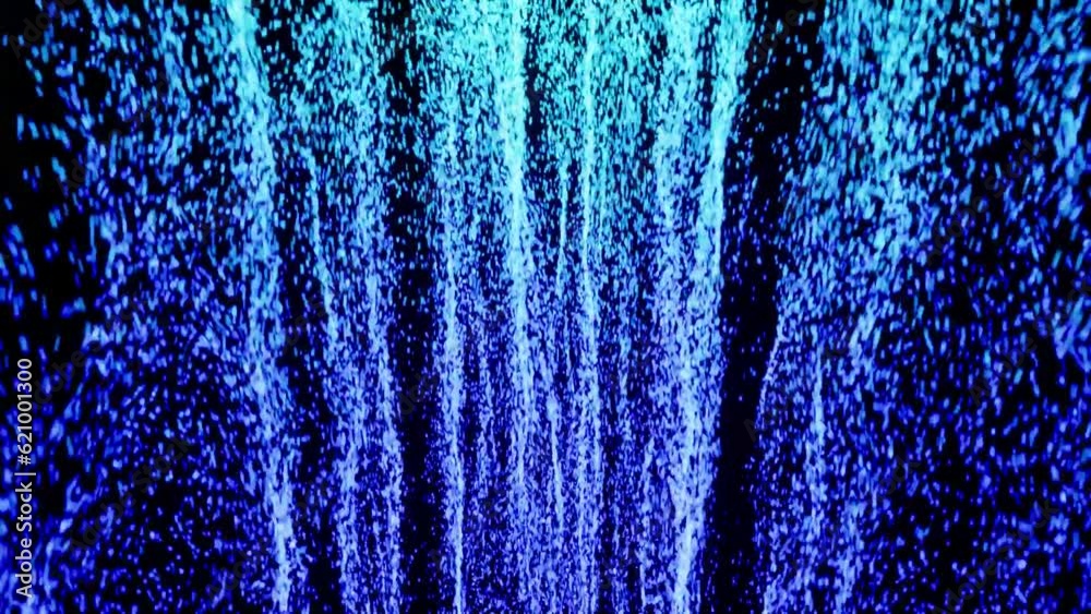 4k wave blurred wall with abstract blue particles flying video effects or fall down in black background. Modern futuristic digital animation for intro or logo backdrop.