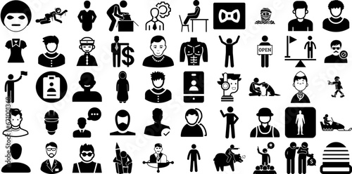 Mega Collection Of Man Icons Collection Linear Design Pictogram Profile, Carrying, Silhouette, Workwear Doodles Vector Illustration