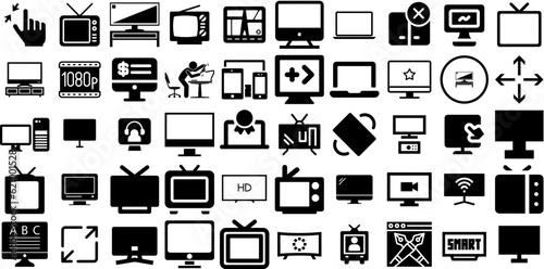 Massive Collection Of Screen Icons Bundle Hand-Drawn Solid Concept Pictogram Icon, Full, Thin, Tablet Pictogram Isolated On Transparent Background