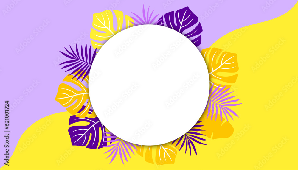 Summer banner template with yellow and purple tropical leaves and text field for website, flyer, greeting card or wallpaper. Vector illustration with yellow and purple background.